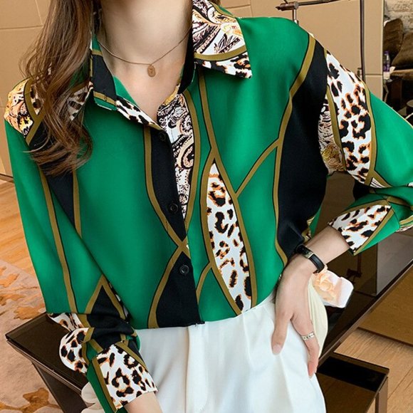 Fashion Leopard Contrast Long Sleeve Shirt Blouse Top - Picture 11 of 15